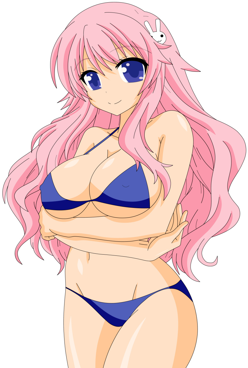 absurdres baka_to_test_to_shoukanjuu bare_midriff bikini blue_eyes breasts busty cleavage erect_nipples female hair_ornament hairclip highres himeji_mizuki hips large_breasts legs long_hair looking_at_viewer mound_of_venus navel open_mouth photoshop pink_hair smile solo standing swimsuit thighs tongue vector_trace