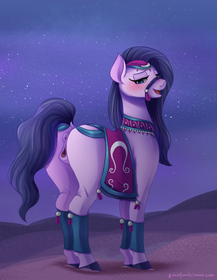 amira_(mlp) anatomically_correct anus bedroom_eyes blue_eyes blue_hair blush bridle clitoral_winking clitoris equine female friendship_is_magic fur guinefurrie hair half-closed_eyes hooves horse long_hair looking_at_viewer looking_back mammal my_little_pony open_mouth outside pink_fur pony presenting pussy raised_tail rear_view saddle_arabian_(mlp) smile solo