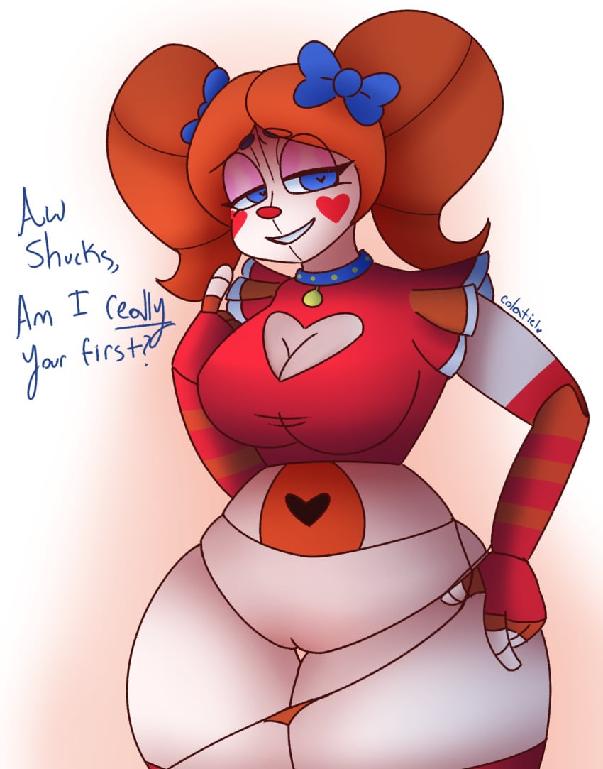 1girls 2018 animatronic baby_(fnafsl) circus_baby circus_baby_(fnaf) colatiel collar dialogue female female_only five_nights_at_freddy's humanoid looking_at_viewer machine pussy robot sexbot_circus_baby sister_location solo standing text thick_thighs video_games wide_hips