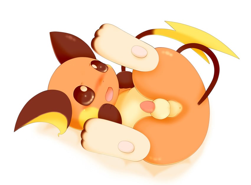 2015 anus ass balls blush feral legs_up looking_away lying male male_only nintendo on_back on_side open_mouth pawpads paws penis perineum plain_background pokemon pokemon_(species) raichu schnecken shy solo tapering_penis video_games white_background