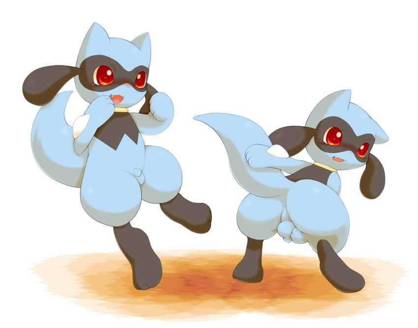 2015 anthro anus ass backsack ball_grab balls bent_over big_butt blush canine cute_fangs digitigrade duo fully_sheathed hand_on_balls jumping looking_away looking_back male male_only mammal nervous nintendo open_mouth pokemon presenting riolu schnecken sheath smile thick_thighs video_games