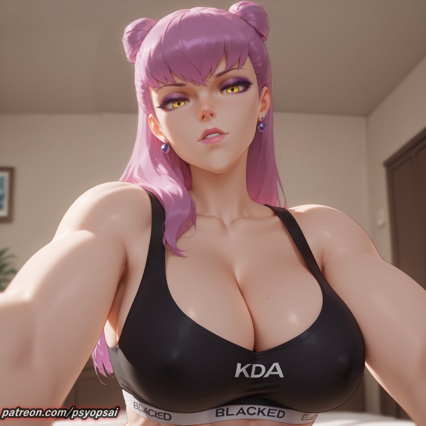 1girls ai_generated artist_name big_breasts blacked blacked_clothing boobs bra breasts cleavage close-up colored digital_media_(artwork) evelynn female female_only fit_female front_view k/da_all_out_evelynn k/da_series large_breasts league_of_legends long_hair pink_hair psyopsai riot_games selfie solo solo_focus sports_bra watermark