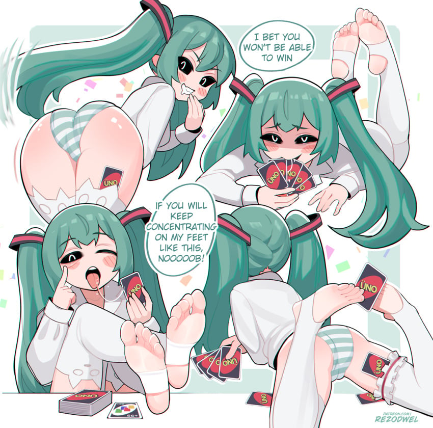 animal_ear_legwear artist_name ass bent_over black_sclera blush blush_stickers bridal_garter card cat_ear_legwear colored_sclera crossed_ankles drooling english_text eyelid_pull feet feet_on_table feet_up female foot_focus foreshortening green_hair grin hair_ornament hatsune_miku holding holding_card long_hair long_sleeves looking_at_viewer lying mesugaki mouth_drool multiple_views no_pants no_shoes on_stomach open_mouth panties patreon_username presenting_foot rezodwel shirt smile soles speech_bubble stirrup_legwear striped_clothes striped_panties teeth thighhighs toeless_legwear toes tongue tongue_out twintails underwear uno_(game) upper_teeth_only very_long_hair vocaloid web_address white_shirt white_thighhighs