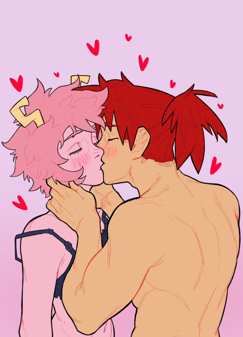 1boy 1girls ashido_mina blush bra_strap bra_strap_down closed_eyes eijirou_kirishima female hand_on_neck heart horns kirishima_eijirou kissing making_out male male/female mina_ashido muscular muscular_back muscular_male my_hero_academia pink_body pink_hair pink_skin red_hair romantic shirtless shirtless_male straight topless undone_bra unhooked_bra voidloop wholesome