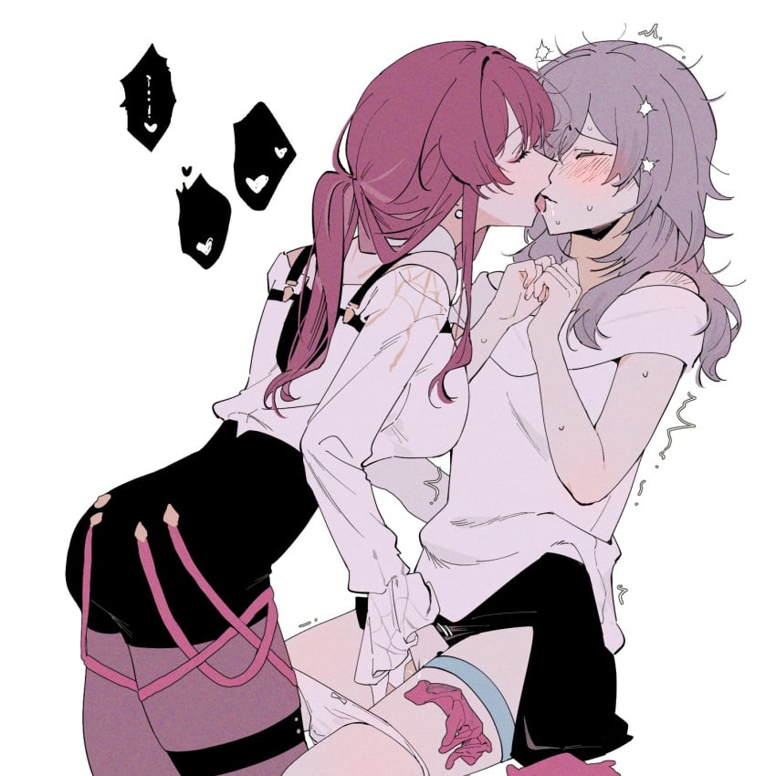 2girls black_shorts black_skirt blush breasts commentary_request d0600059994959 fingering grey_hair heart highres honkai:_star_rail honkai_(series) kafka_(honkai:_star_rail) korean_commentary large_breasts licking licking_another's_face licking_another's_lips long_hair multiple_girls off-shoulder_shirt off_shoulder panties panty_pull pantyhose_under_shorts ponytail purple_hair pussy_juice shirt shorts simple_background skirt spoken_heart stelle_(honkai:_star_rail) sweat thigh_strap tongue tongue_out trailblazer_(honkai:_star_rail) underwear white_background white_panties white_shirt yuri