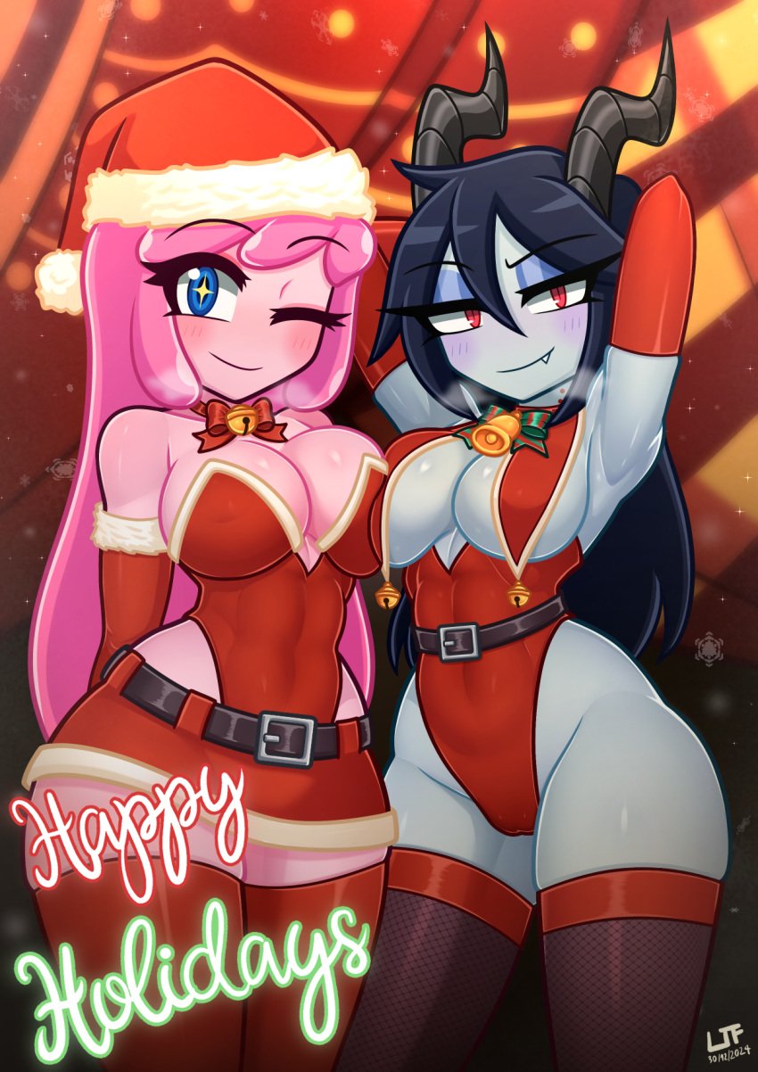 2girls adventure_time armpits arms_behind_back arms_up black_hair blue_eyes breast_curtains breast_press breast_squeeze cartoon_network christmas goat_horns grey_skin holidays horns krampus_(cosplay) leotard lezaki-thefatlizard looking_at_viewer marceline one_eye_closed pink_hair pink_skin princess_bubblegum red_eyes revealing_clothes santa_costume santa_dress santa_hat stockings symmetrical_docking thighhighs vampire