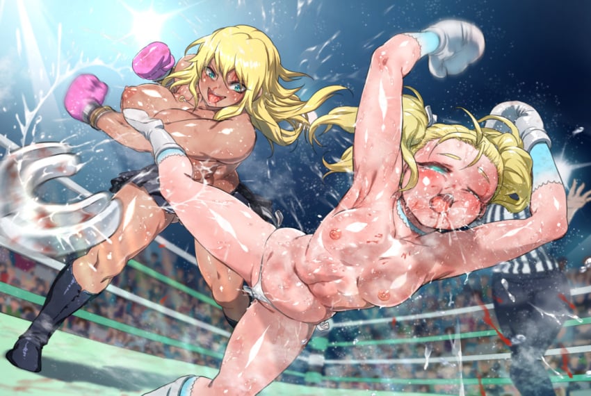 artist_request bigger_female blonde_hair boxing boxing_gloves boxing_ring catfight dark-skinned_female dark_skin panties short_skirt smaller_female sweat sweatdrop sweating sweaty sweaty_body tagme topless yuri