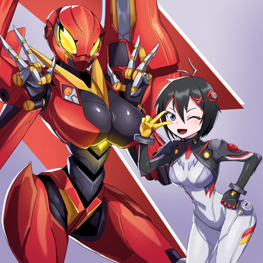 2girls big_breasts black_hair blue_eyes blush bodysuit breasts gloves hair_ornament hairclip hand_on_hip humanoid joints large_breasts leaning_forward marvel marvel_rivals mecha peace_sign peni_parker peni_parker_(marvel_rivals) plugsuit red_streak robot robot_girl robot_humanoid robot_joints short_hair small_breasts sp//dr sp//dr_(marvel_rivals) spider-man_(series) thick_thighs two-tone_hair v wide_hips wink x_hair_ornament yellow_eyes zerokun135