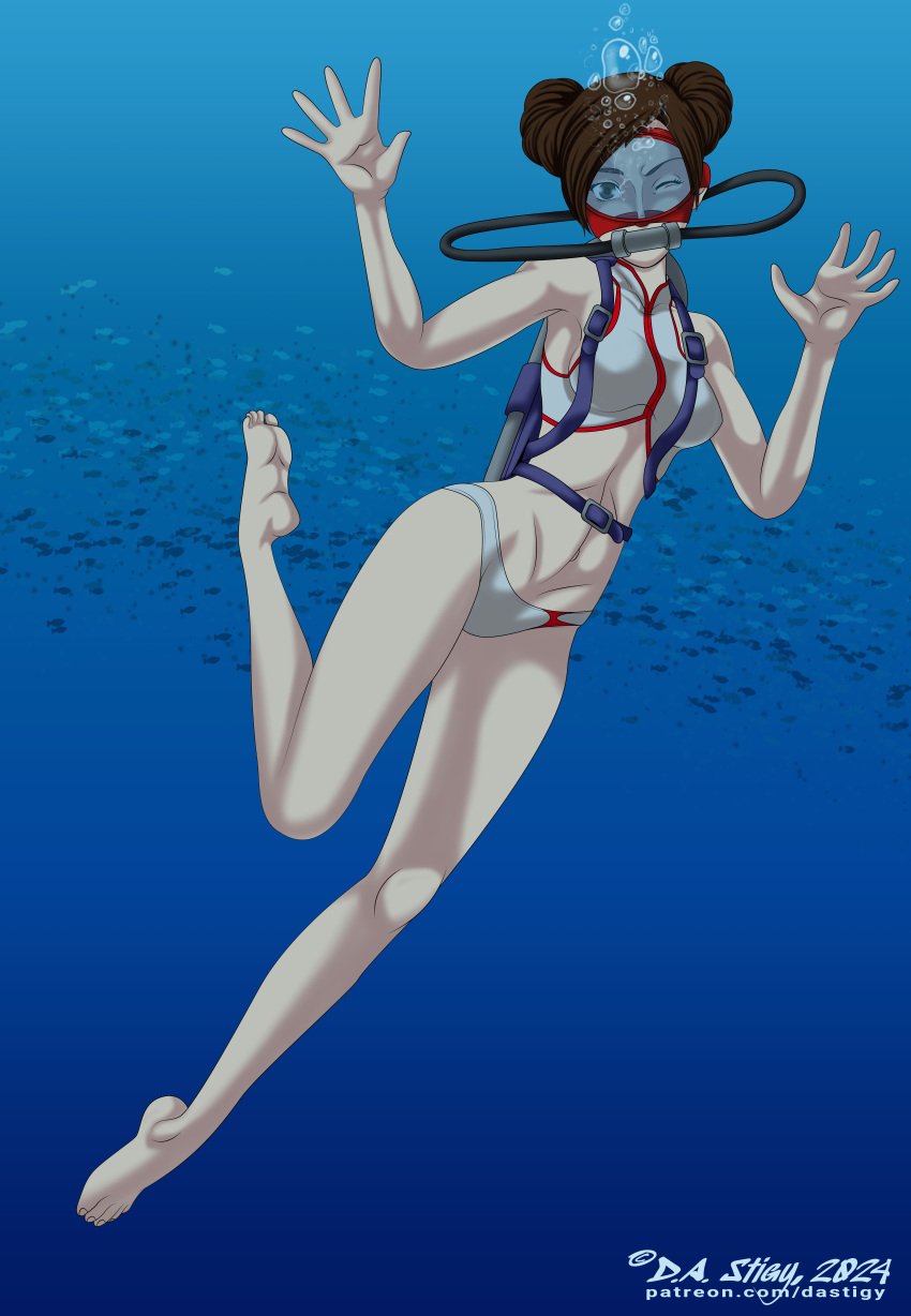 1girls 5_toes barefoot bikini brown_eyes brown_hair dastigy feet female female_only naruto naruto_(series) scuba scuba_gear scuba_mask scuba_tank soles solo solo_female solo_only tenten toes underwater