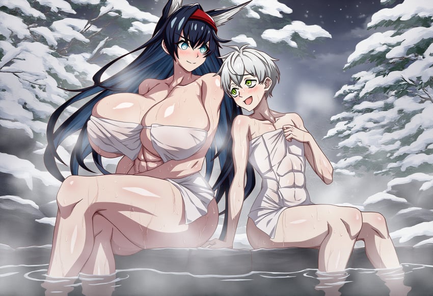 1boy 1girls abs ai_generated arknights blaze_(arknights) completely_nude crossed_legs height_difference huge_breasts mephisto_(arknights) naked_female naked_male onsen self_upload snow spyrodragon2003 steam tagme winter