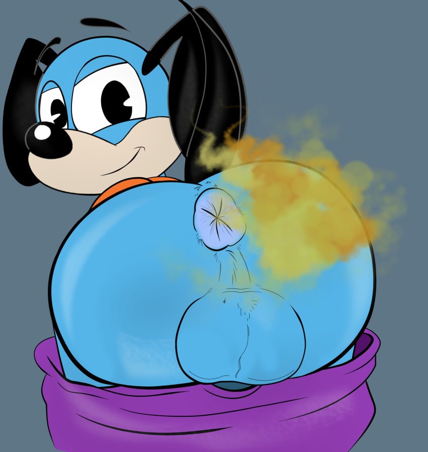 absurd_res anthro anus ass ass_up balls bent_over blue_body blue_fur bodily_fluids bottomwear bottomwear_down butt_focus canid canine canis clothed clothing domestic_dog ears_down fart fart_cloud fart_fetish flippy_doggenbottom fur gas gassy gassyfelix genital_fluids genitals hi_res looking_at_viewer male mammal pants pants_down partially_clothed passing_gas pivoted_ears presenting presenting_anus presenting_balls presenting_hindquarters smelly smile smiling_at_viewer solo toontown_corporate_clash toontown_online