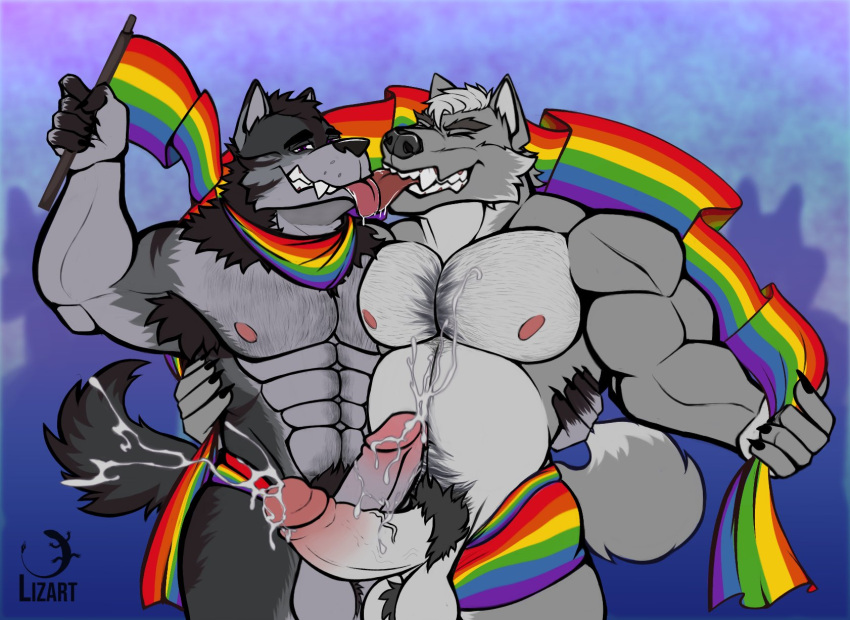 alex_nightmurr anthro armpit_hair body_hair bulge canid canine canis chest_hair duo ejaculation erection genitals hairy hi_res humanoid_genitalia humanoid_penis kissing lizart lugo male male/male mammal muscular orgasm penis rainbow_flag rainbow_symbol thick_penis tongue wolf yellow_eyes