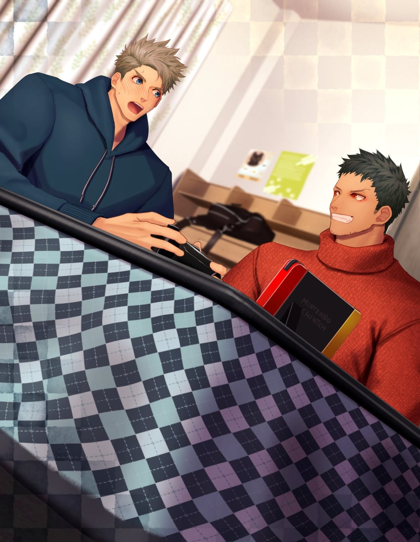 2boys beard_stubble black_hair blonde_hair blue_eyes blurry_background blush brand_name_imitation clenched_teeth clothing curtains game_controller grin hi_res holding_object hoodie indoors kotatsu looking_at_another male male_only mature_male meisho_hanten nintendo_switch open_mouth original original_character plaid poster red_eyes short_hair sitting sweat sweatdrop sweater table thick_eyebrows v-shaped_eyebrows very_high_resolution