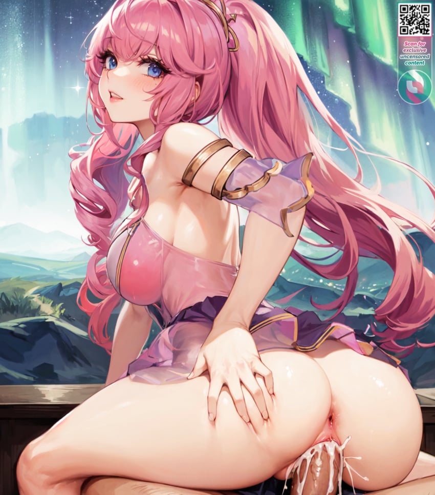 3am ai_assisted ai_generated blue_eyes blush bottomless crextcomic cum cum_inside highres indie_virtual_youtuber landscape_background magical_girl no_panties olivia_monroe overflow pink_hair qr_code sex starry_sky uncensored virtual_youtuber