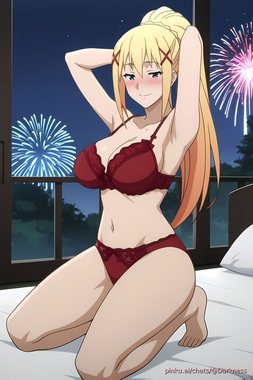 ai_generated armpits bra breasts female girl kono_subarashii_sekai_ni_shukufuku_wo! lingerie new_year panties pinku pinku.ai pinkuai red_lingerie