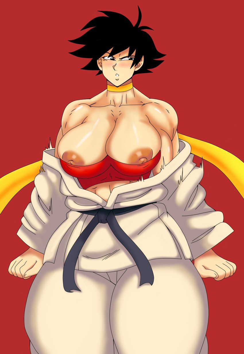 2d areolae bare_shoulders black_hair breasts breasts_out busty capcom charge_sol female female_focus female_only hourglass_figure karate_gi makoto_(street_fighter) nipples scarf short_hair sports_bra sports_bra_pull street_fighter street_fighter_iii street_fighter_iv tagme tomboy wide_hips