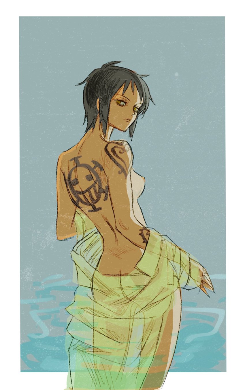 ass breasts female female_only from_behind genderswap_(mtf) nipples nude one_piece tagme tattoos tesstessgreen tesstessgreen trafalgar_law trafalgar_law_(female) translucent