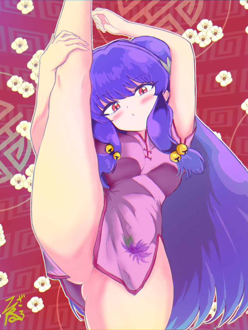 absurdres ass bell blush chinese_clothes clothing dress female floral_background hair_bell hair_ornament highres jamilsaga leg_up long_hair microdress no_panties pink_dress purple_hair ranma_1/2 red_eyes shampoo_(ranma_1/2) sidelocks small_breasts split standing standing_on_one_leg standing_split