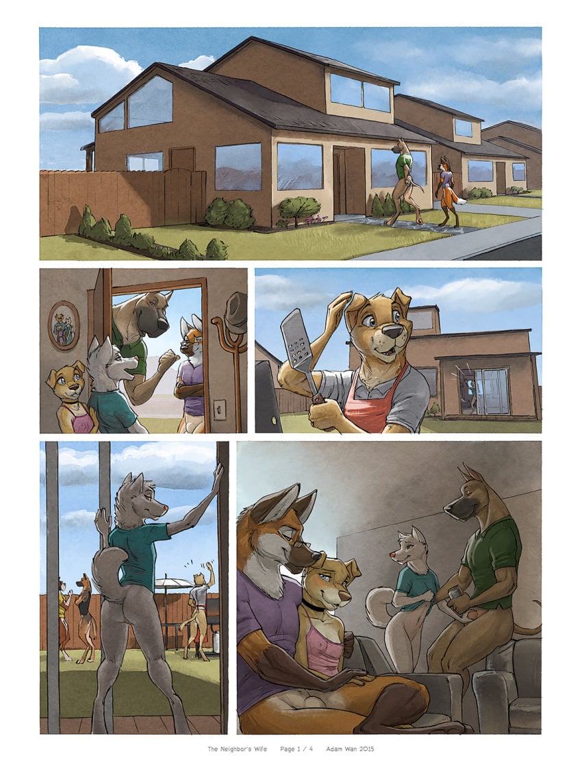 2015 adam_wan anthro barbecue bottomless canine casual clothed clothing comic female furry furry_only great_dane half-dressed house husky labrador male mammal maned_wolf party the_neighbor's_wife