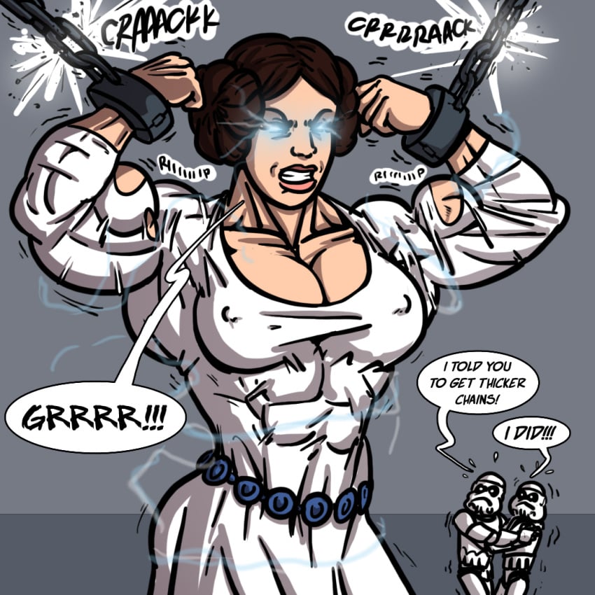 biceps big_breasts breasts brown_hair could_be_bigger female hair muscular muscular_arms muscular_female needs_larger_breasts needs_more_mass not_big_enough princess_leia_organa ritualist_(artist) speech_bubble star_wars text