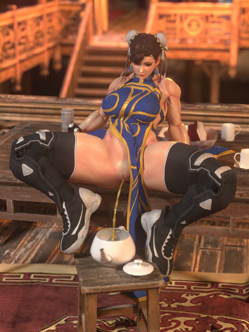 3d balancing biceps black_thighhighs blue_dress bracelet breasts brown_eyes brown_hair bun_cover carpet china_dress chinese_clothes chun-li clothing cup cyborg double_bun dress earrings eyeliner eyeshadow female female_only footwear gold_trim hair_bun high_heels jewelry large_breasts legwear lips makeup mug muscular_female pelvic_curtain reflective_floor see-through shoes sleeveless sneakers solo spiked_bracelet spread_legs street_fighter table teacup teapot thick_thighs thighhighs thighs tied_hair uncensored urination urine zeroreyko