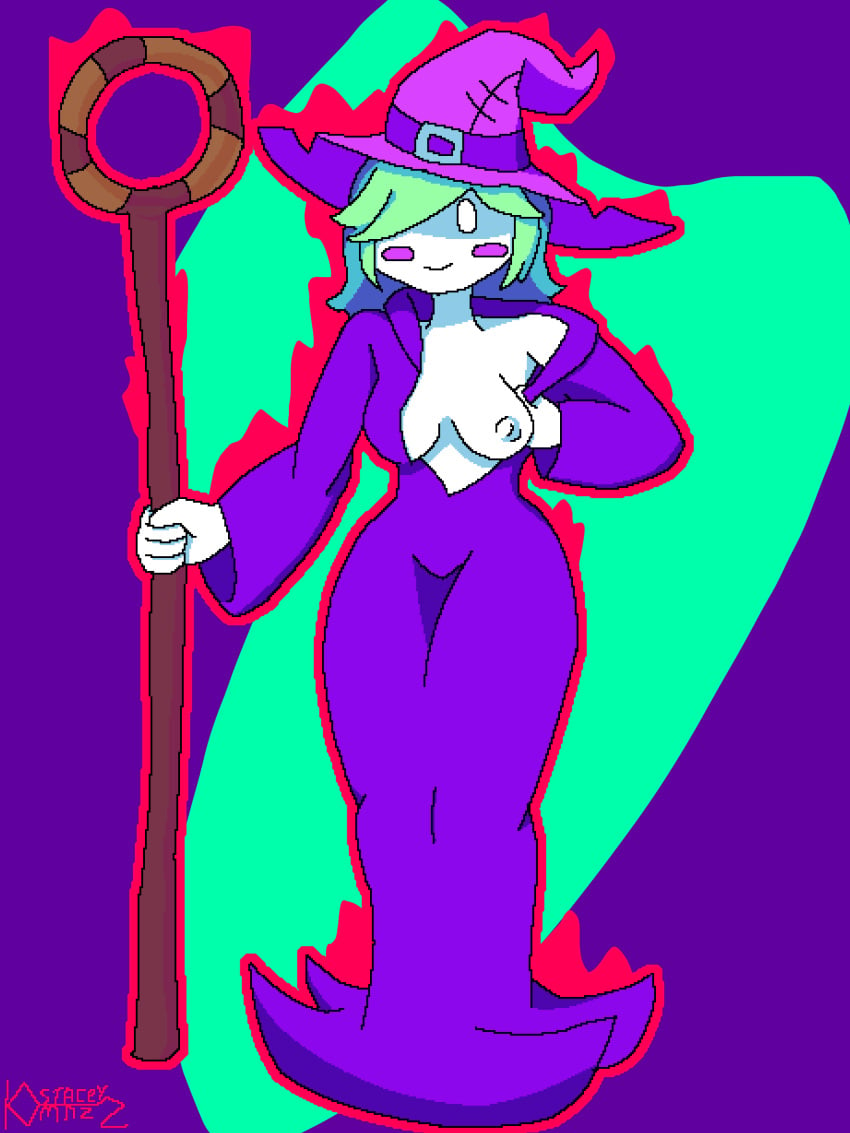 1girls candies_n'_curses green_hair ks-staceywuz_(artist) necro_witch pale_skin pixel_art self_upload showing_boobs solo_female spike_hair white_eye witch witch_hat