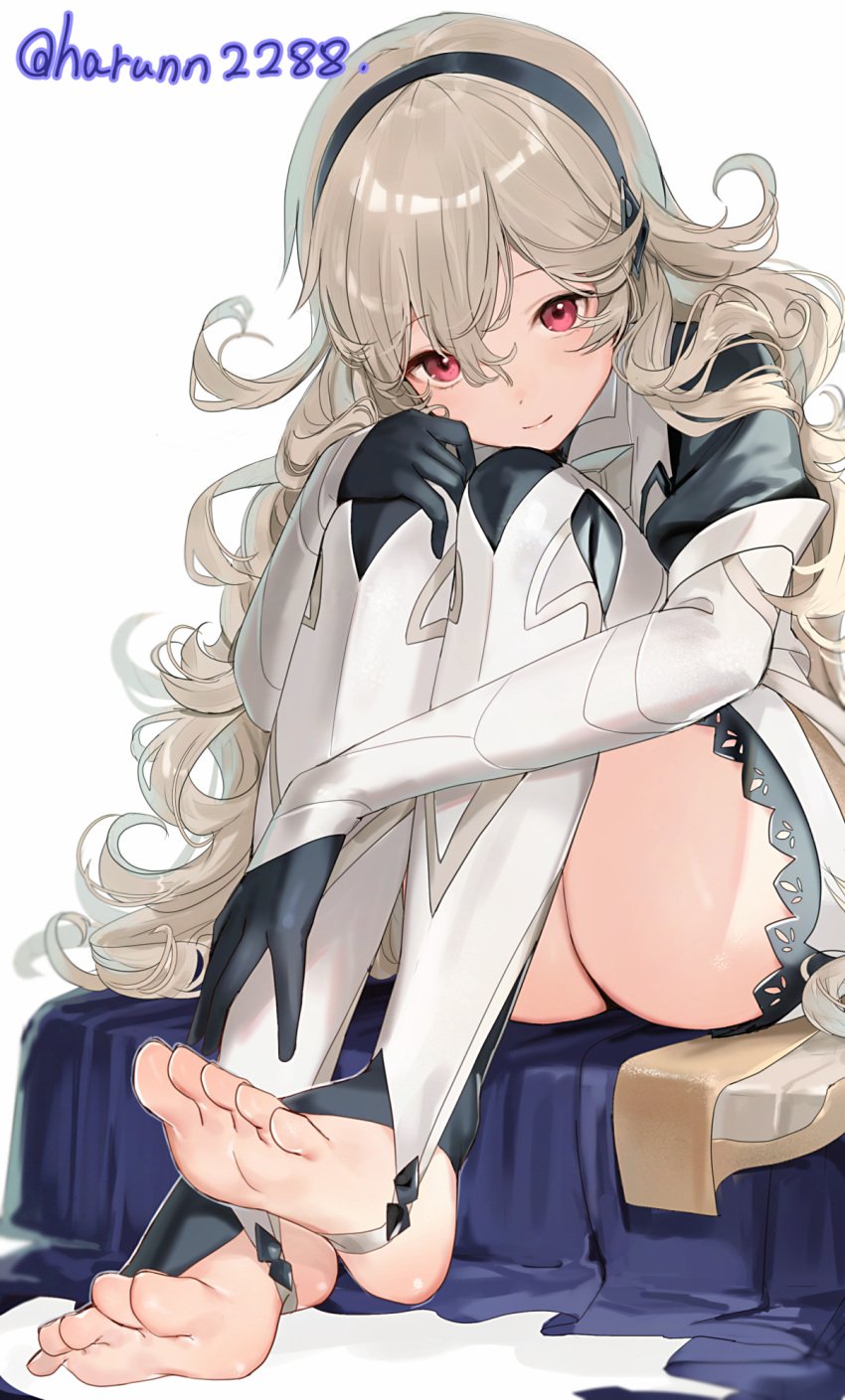 1girls ass corrin_(fire_emblem) corrin_(fire_emblem)_(female) feet fire_emblem fire_emblem_fates grey_hair hairband harunn2288 looking_at_viewer nintendo red_eyes sitting thick_thighs thighs