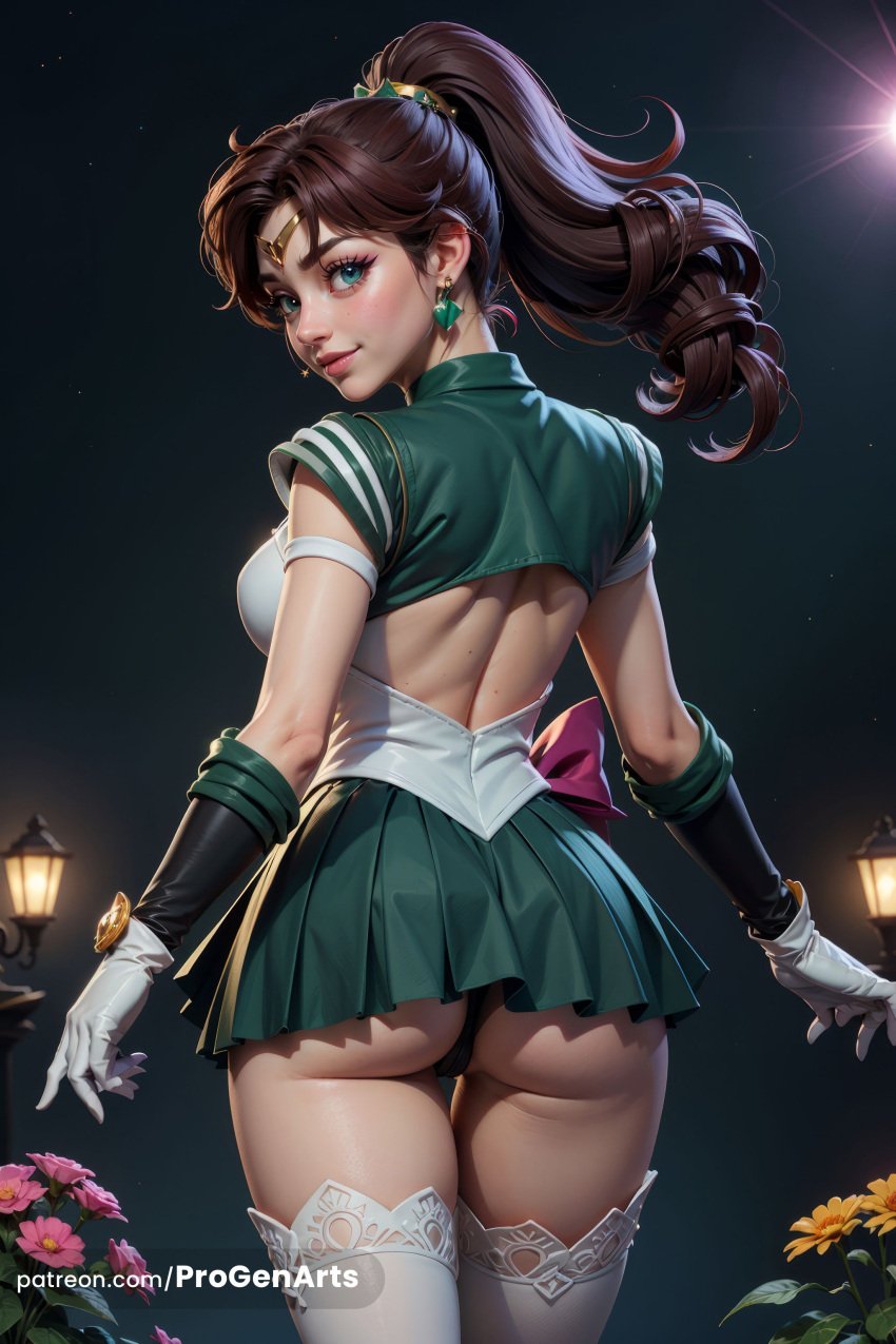 1girls adapted_costume ai_generated artist_name ass back back_bow bishoujo_senshi_sailor_moon black_panties blue_eyes bow breasts brown_hair circlet closed_mouth cowboy_shot earrings elbow_gloves flower flower_earrings from_behind gloves green_eyes green_skirt hair_ornament hi_res jewelry lips long_hair looking_at_viewer looking_back magical_girl makoto_kino medium_breasts miniskirt night panties patreon_username pink_bow pleated_skirt ponytail progenarts sailor_jupiter sailor_senshi_uniform short_sleeves skirt solo standing thigh_gap thighhighs tiara underwear web_address white_gloves white_thighhighs