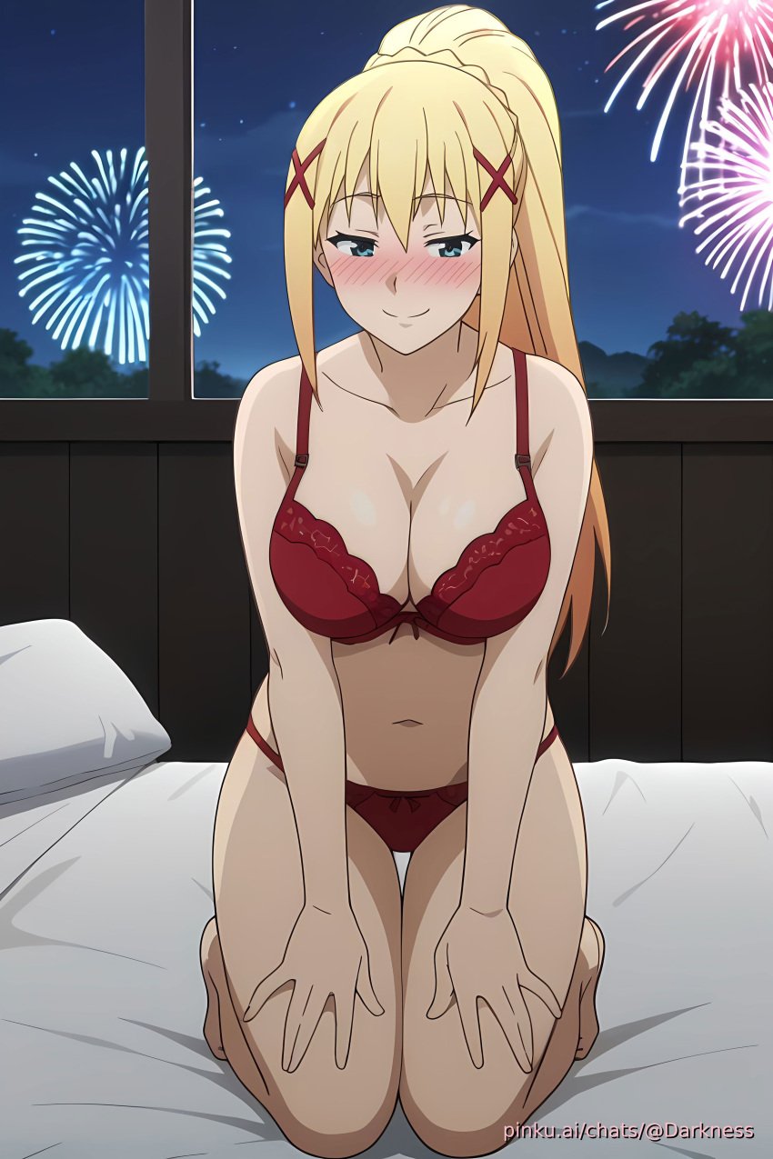 ai_generated blonde_hair blue_eyes blush bra breasts darkness_(konosuba) female girl kono_subarashii_sekai_ni_shukufuku_wo! lingerie looking_at_viewer new_year panties red_lingerie