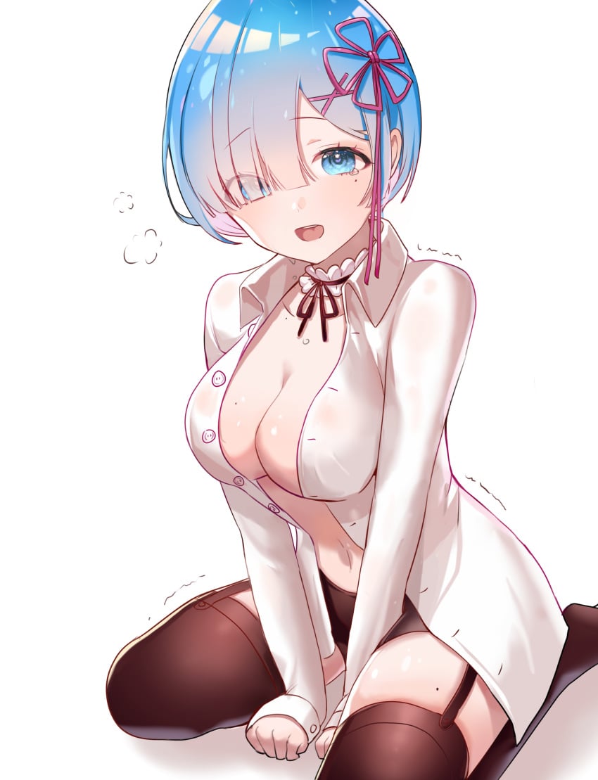 arms_between_legs belly_button big_breasts black_panties black_thighhighs blue_eyes blue_hair blush breasts cleavage detached_collar dress_shirt feet_out_of_frame garter_straps hair_ornament hair_over_one_eye misyune no_bra open_clothes open_mouth open_shirt panties re:zero_kara_hajimeru_isekai_seikatsu rem_(re:zero) short_hair smile thighhighs underwear wariza