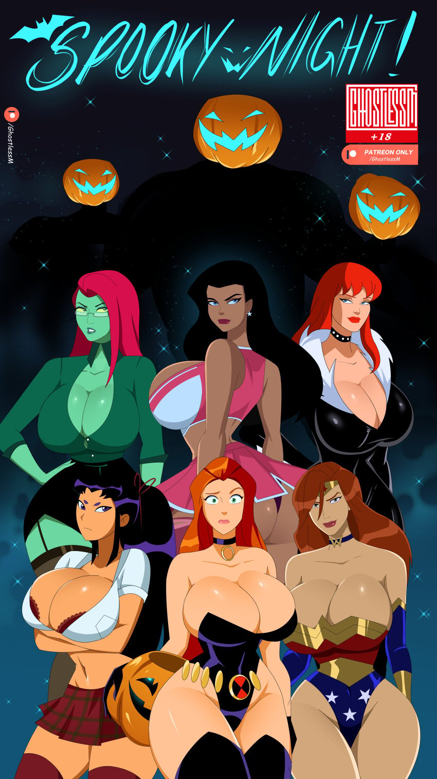 6girls alien alien_girl arms_crossed artist_signature ass avengers_assemble big_ass big_breasts black_hair black_widow_(marvel) blackfire blue_eyes boomerang_(tv_network) breasts cartoon_network cheerleader choker crossover dc dc_comics diana_prince disney_xd earrings ghostlessm glasses green_eyes green_skin halloween harley_quinn_(series) hbo_max justice_league justice_league_unlimited komand'r lipstick long_hair looking_at_viewer marvel marvel_animated_universe mary_jane_watson natasha_romanoff orange_skin poison_ivy poison_ivy_(harley_quinn) ponytail pumpkin purple_eyes sam_(totally_spies) skirt spider-man_(series) star_earrings tamaranean teen_titans teletoon tiara title totally_spies warner_brothers wonder_woman