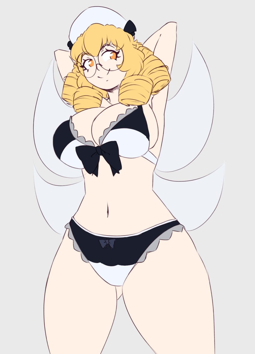 2024 arms_up big_breasts bikini blonde_hair breasts drill_hair fairy fairy_wings female flat_colors glasses hat luna_child navel round_glasses solo spookoarts thick_thighs thighs touhou yellow_eyes