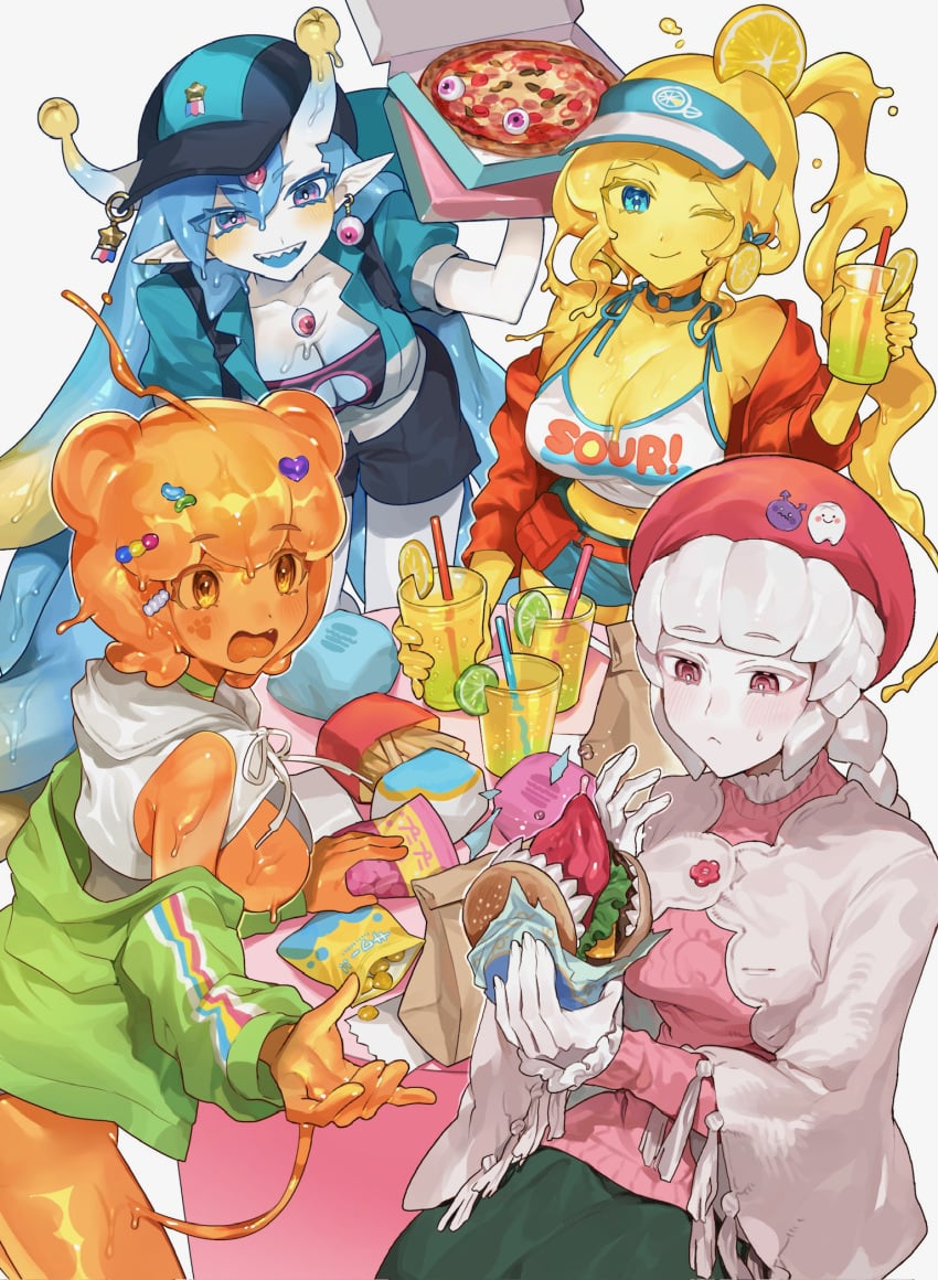 4girls ahoge big_breasts blue_eyes blue_hair braid flower hat horns huge_breasts humanoid jewelry long_hair navel oc oc_(sakoku) orange_eyes orange_hair orange_skin original_character pink_eyes ponytail sakoku smile star sweater sweets thighs white_hair white_skin yellow_hair yellow_skin