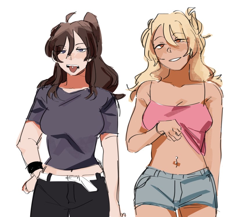 2girls amber_eyes belly belly_button belly_piercing belt big_breasts black_pants blonde blonde_female blonde_hair blonde_hair_female blue_eyes blue_shirt boobs bracelet brown_hair class_of_'09 dark_pants female female_focus hair_bun hand_on_hip jeans jecka_(class_of_'09) juujjuli long_hair nicole_(class_of_'09) orange_eyes pale-skinned_female pale_skin pants piercing pink_tank_top ponytail shirt shirt_up smile smiling tan_body tan_skin tank_top tongue tongue_out tongue_piercing white_body white_skin yellow_hair