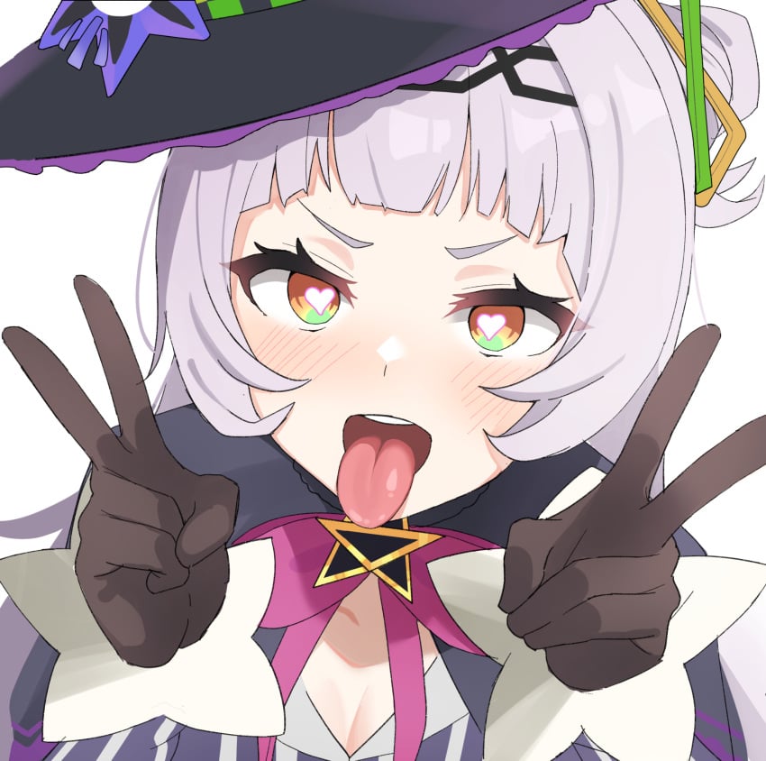 :d blush blush blushing_at_viewer female female_only gloves hat heart-shaped_pupils hololive hololive_japan looking_at_viewer mitarashinejiri murasaki_shion open_mouth orange_eyes peace_sign ribbon shirt silver_hair symbol-shaped_pupils teeth teeth_showing tongue tongue_out virtual_youtuber witch_hat