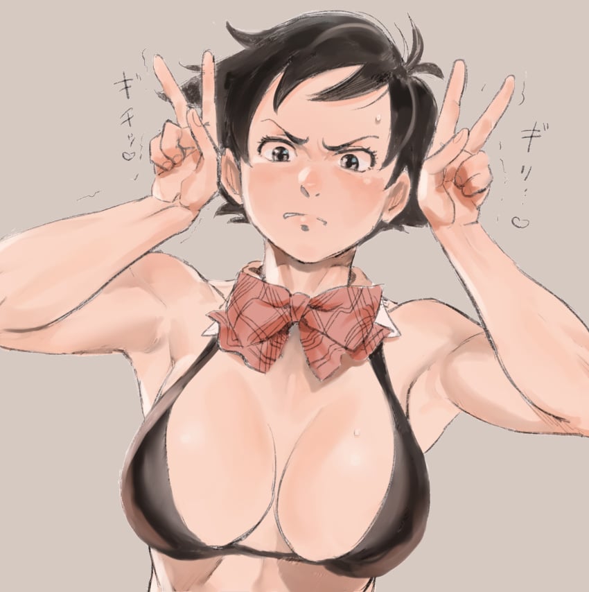 2d athletic athletic_female black_hair bra breasts busty capcom embarrassed female female_focus female_only kaze_fukeba_nanashi makoto_(street_fighter) medium_breasts pose posing short_hair street_fighter street_fighter_iii street_fighter_iv tagme tomboy v v_sign