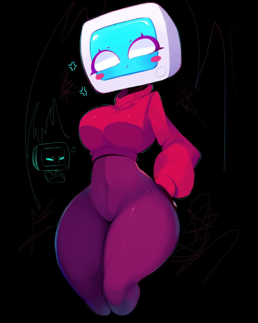 antennae big_ass big_breasts blush bodysuit colored_sketch cropped_sweater cute gazericc massive_ass miyu_(rox_hoxten) original_character rox_hoxten screen_face simple_background sketch_background sweater thick_thighs thigh_gap tv_head white_eyes