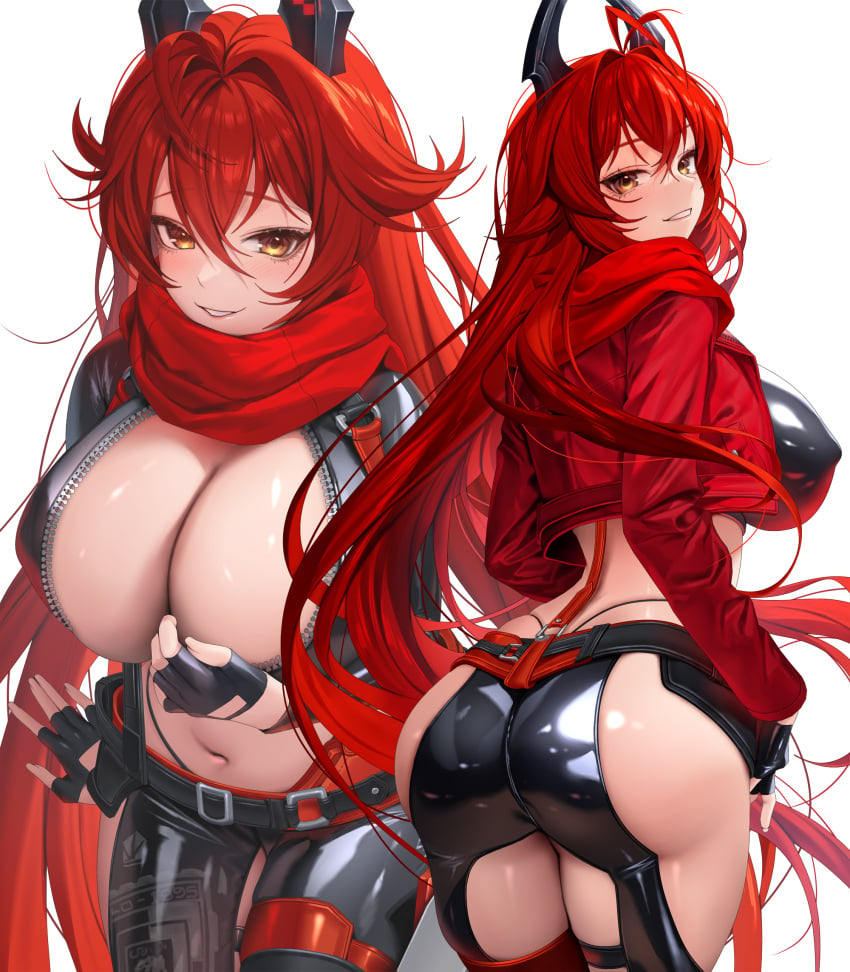 ass black_gloves blush breasts cleavage clothing_cutout commission female fingerless_gloves from_behind gloves goddess_of_victory:_nikke hair_between_eyes highres horns huge_breasts latex latex_legwear leg_cutout long_hair looking_at_viewer looking_back mechanical_horns multiple_views navel pixiv_commission red_hair red_hood_(nikke) ruhee scarf simple_background smile unzipped very_long_hair white_background yellow_eyes