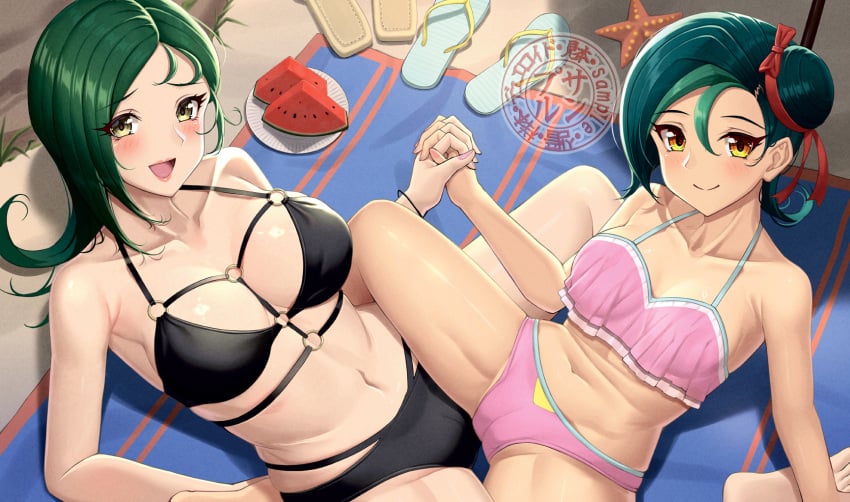 2girls bikini birdcallsparrow blush female female_only green_hair kotori_mizuki lesbian lesbian_sex looking_at_viewer melon milf mother mother_and_daughter mrs._mizuki_(yu-gi-oh!_zexal) multiple_girls open_mouth pussy_lips pussy_visible_through_clothes scissoring spread_legs thick_thighs thong_bikini tori_meadows watermelon yu-gi-oh! yu-gi-oh!_zexal yuri