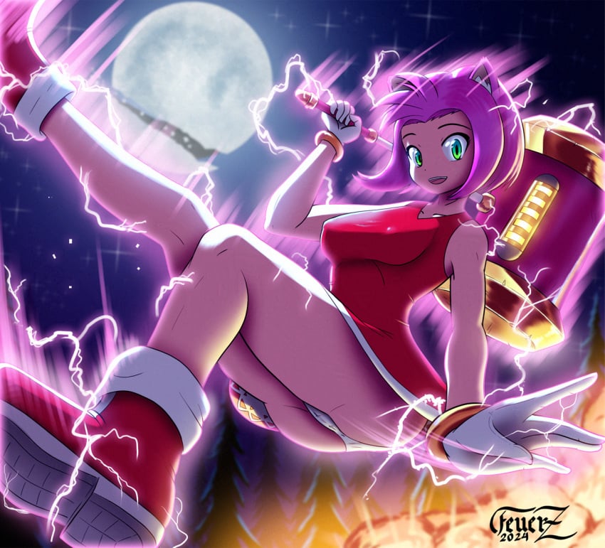 amy_rose background explosion feuerz green_eyes hammer humanized looking_at_viewer moon night night_sky panties pink_hair self_upload sonic_(series) sonic_the_hedgehog_(series) sonic_the_hedgehog_3_(film) spoilers white_gloves