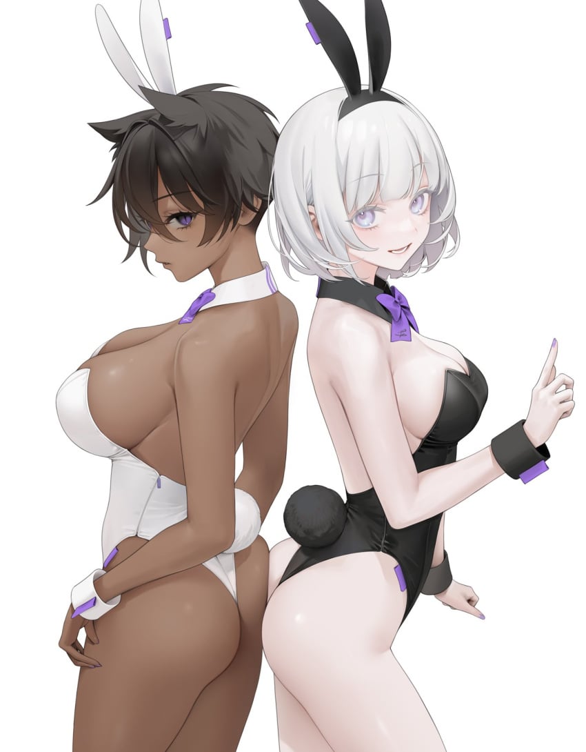 2girls ass_to_ass bunny_ears bunnysuit dark-skinned_female imlllsn large_breasts looking_at_viewer shiny_skin short_hair small_breasts smile white_hair