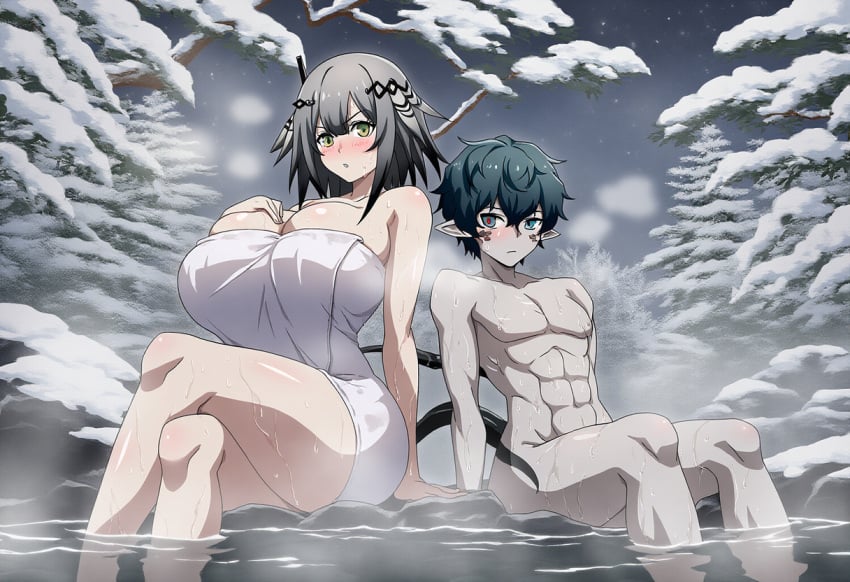 1boy 1girls abs ai_generated arknights completely_nude crossed_legs faust_(arknights) greythroat_(arknights) huge_breasts naked_female naked_male onsen self_upload snow spyrodragon2003 steam tagme winter