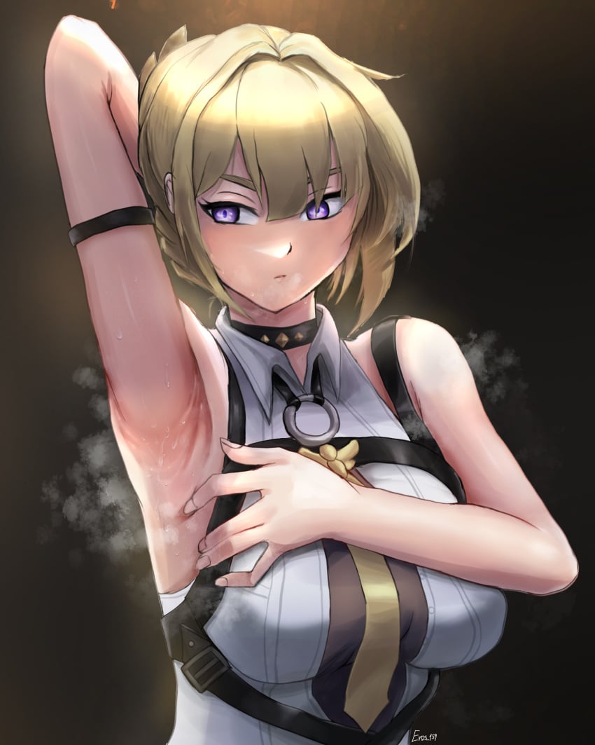 1girls arm_up armpit_fetish armpits blonde_hair clothed clothing eros_159 evelyn_chevalier female female_only hoyoverse light-skinned_female light_skin mihoyo purple_eyes solo zenless_zone_zero