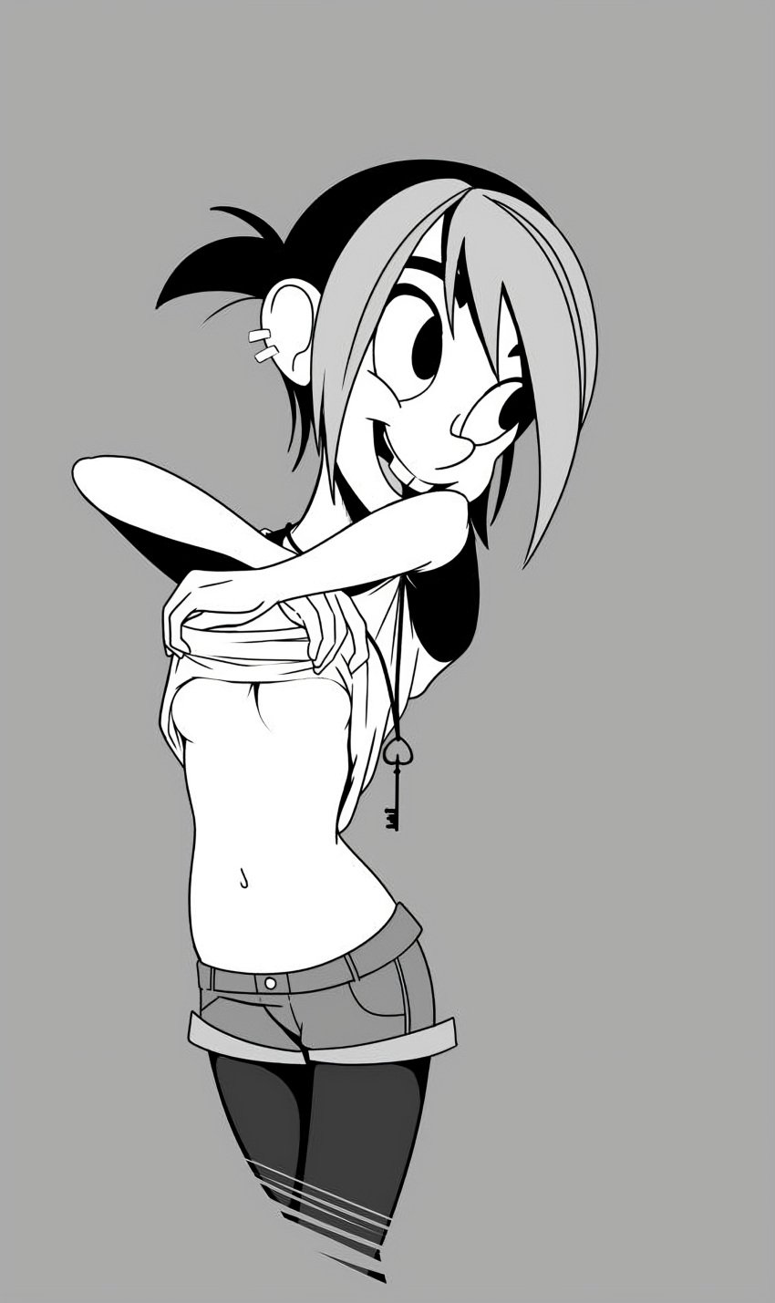 1girls abdomen artist_request asian_female big_eyes breasts buckteeth bunnicula_(series) earrings female female_focus female_only medium_breasts mina_monroe monochrome mostly_nude ponytail red_hair skinny slim_waist smile smiling solo standing stomach taking_clothes_off teenager topless upper_body