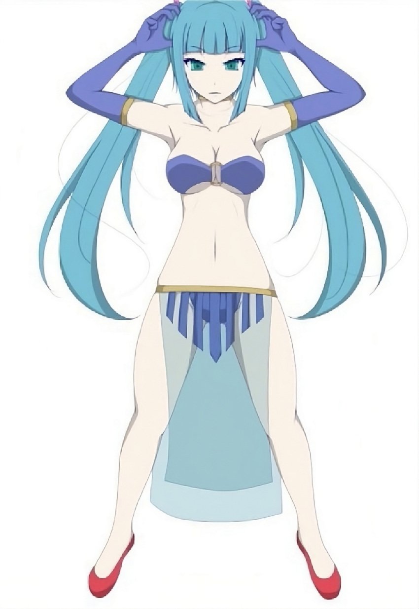 1girls aqua_eyes aqua_hair arabian_clothes arms_up belly_dancer belly_dancer_outfit breasts ell182a_(masa_works_design) encantada_(vocaloid) harem_outfit hatsune_miku koji_no_uta long_gloves maha_no_hanashi masa_works_design official_art red_shoes strapless the_dancer_(maha_no_hanashi) vocaloid white_background