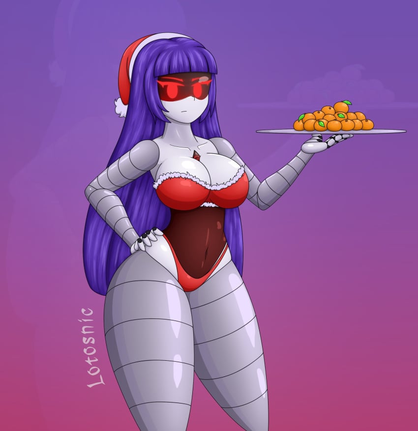 1robot_girl 2d big_breasts boob_window bra breasts christmas christmas_headwear christmas_outfit doll_(murder_drones) ecchi glitch_productions long_hair looking_at_viewer lotosnic metallic_body murder_drones oranges panties plate purple_hair red_eyes robot_humanoid tangerine_(fruit) thick_thighs thighs watermark