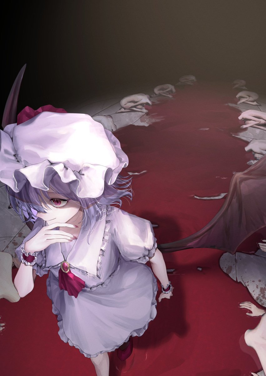 6+others ascot bat_wings blood blue_hair darkness decapitation dress female guro hand_on_own_chin hat hat_ribbon headless highres horror_(theme) mob_cap multiple_others red_ascot red_eyes red_nails remilia_scarlet ribbon shaded_face short_hair solo_focus stroking_own_chin t_terano touhou vampire wading walking white_dress wings wrist_cuffs