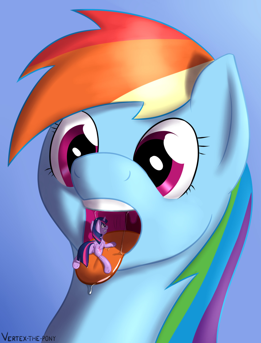 absurd_res alicorn anatomically_correct anus blue_fur cutie_mark duo equine feathers female feral friendship_is_magic fur hair hi_res horn horse imminent_vore long_hair macro mammal micro multicolored_hair my_little_pony open_mouth purple_eyes purple_fur purple_hair pussy rainbow_dash_(mlp) saliva saliva_string size_difference throat tongue tongue_out twilight_sparkle_(mlp) two_tone_hair uvula vertex vertex-the-pony vore wings