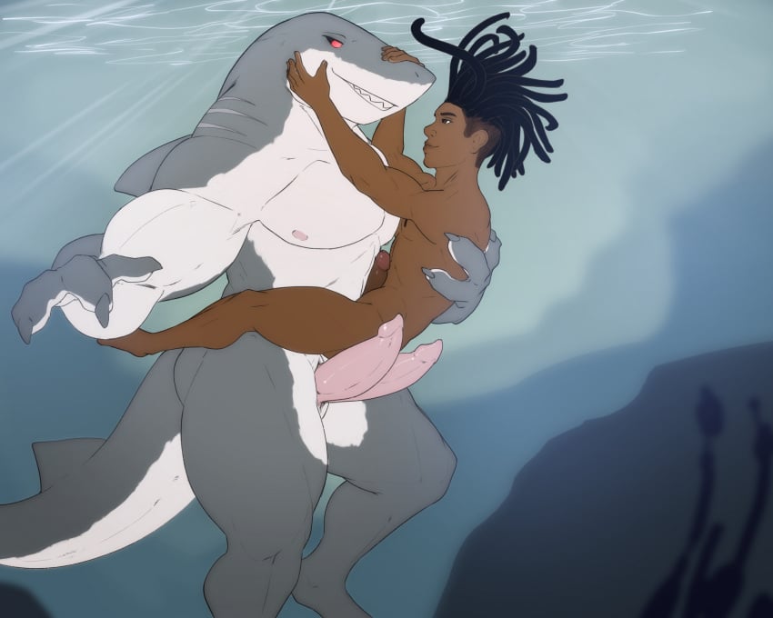 2_penises abs animal_genitalia animal_penis anthro ass big_muscles big_penis carrying_another carrying_partner cetacean_genitalia cetacean_penis cloaca dark_body dark_skin duo erection eye_contact fangs fish genitals grey_body hair hi_res human human_on_anthro interspecies intimate larger_anthro larger_male long_hair looking_at_another male male/male mammal marine multi_genitalia multi_penis multicolored_body muscular muscular_anthro muscular_male nipples nude penis romantic romantic_couple shark size_difference skinny_dipping smaller_human smaller_male swimming tapering_penis teeth underwater water white_body zomacaius