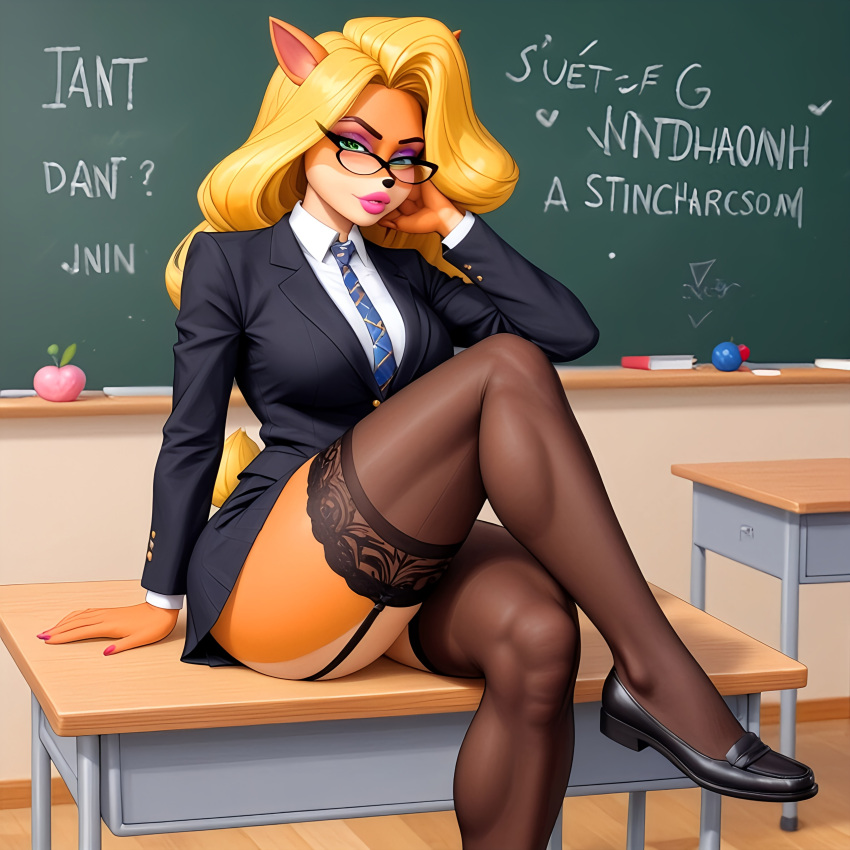 ai_generated bandicoot blonde_hair classroom crash_(series) deergirlfit legs nylons school_uniform tawna_bandicoot teacher